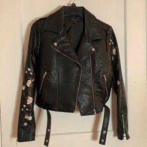 Faux Black Leather Jacket w Flowers Details